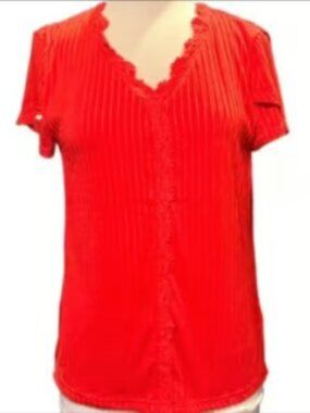 Just Fashion Now NWT Short Sleeve Red Top RIbbed Stretch Flowy Blouse Relaxed SM